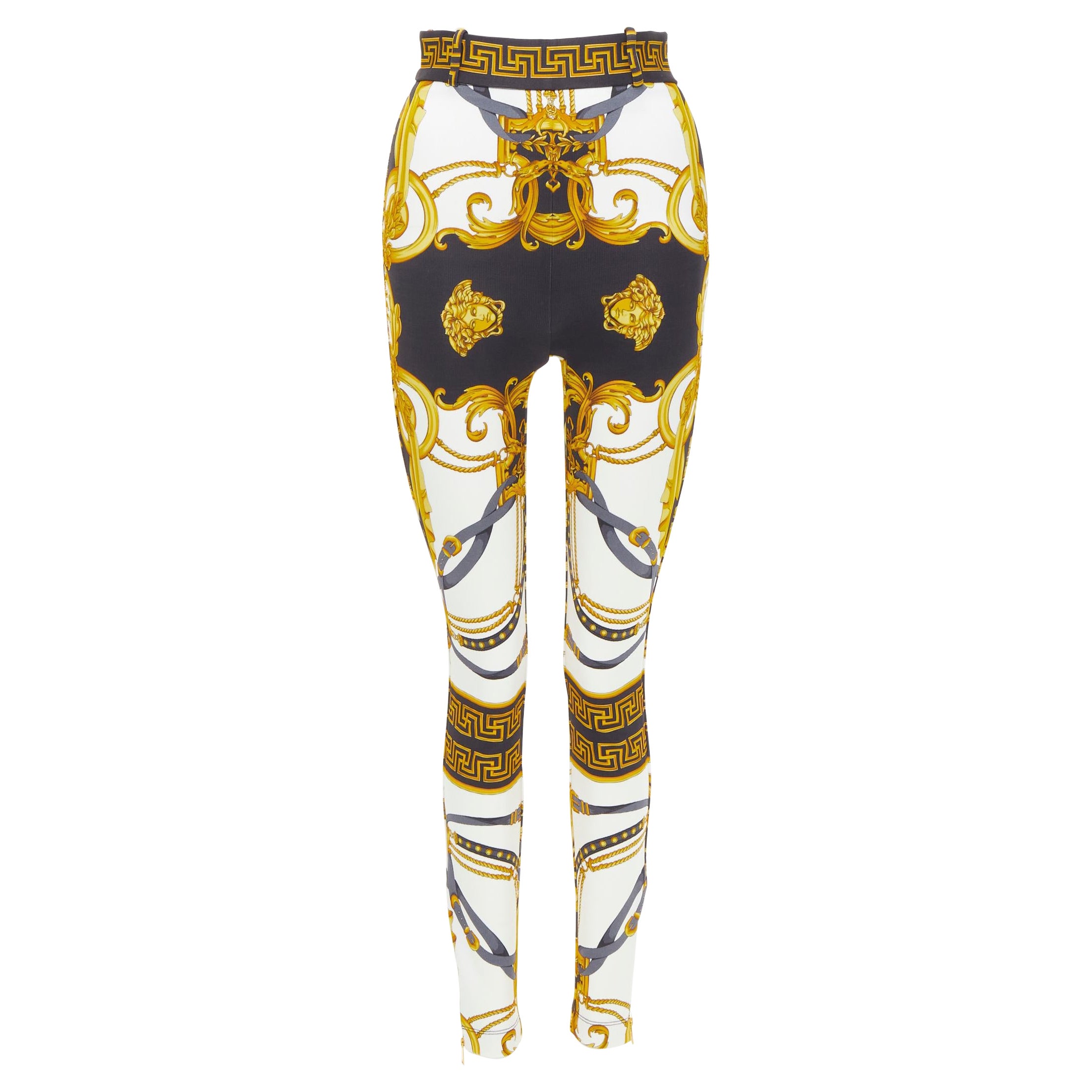 new VERSACE Rodeo Barocco black gold baroque harness stretchy leggings IT44 L For Sale