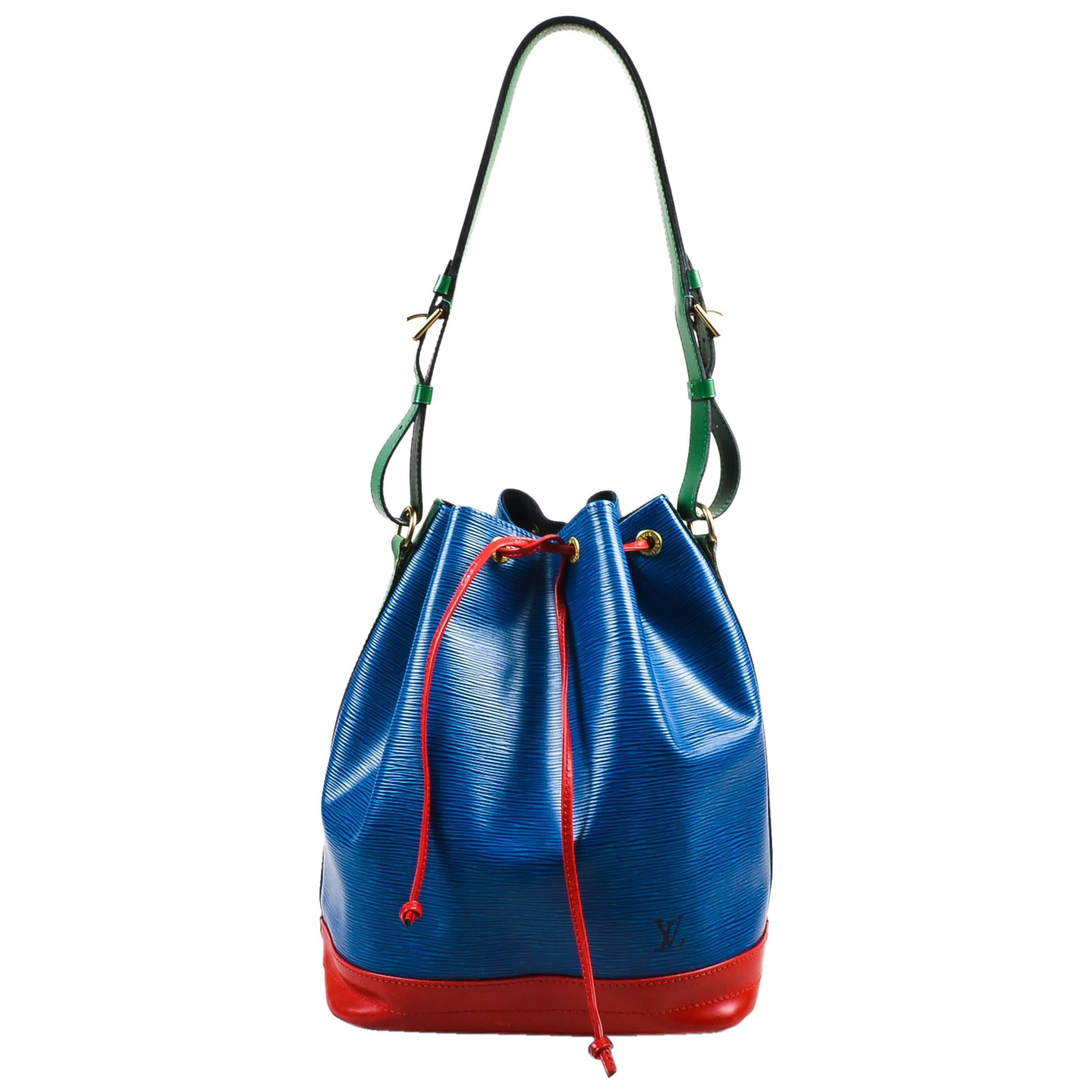 Vintage Louis Vuitton Blue Tricolor "Epi" Leather Drawstring "Noe" Bucket Bag For Sale