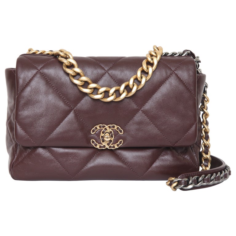 CHANEL Brown Quilted Leather Flap Large 19 Bag Lambskin Gold Gunmetal HW  For Sale at 1stDibs