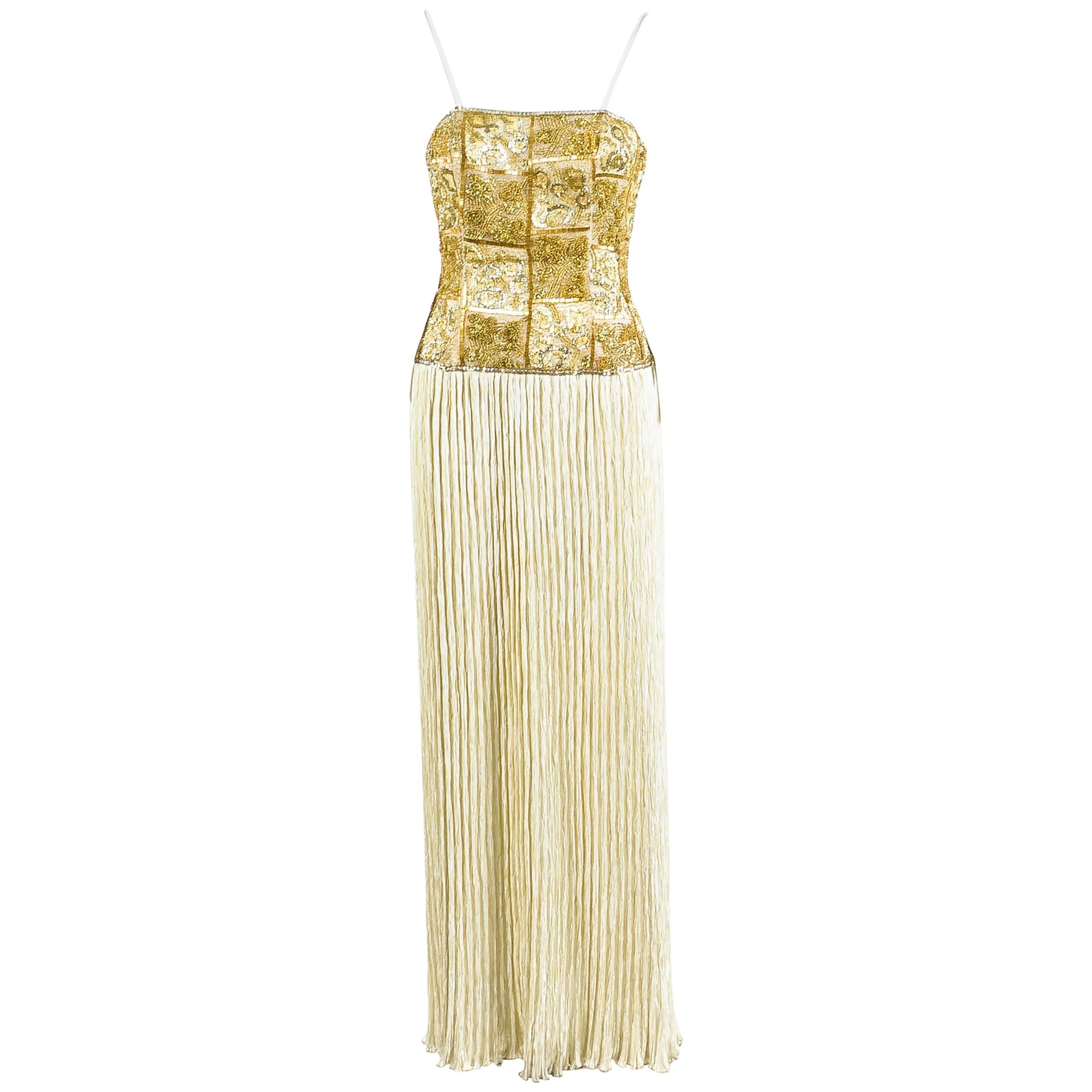 Vintage Mary McFadden White & Metallic Gold Beaded & Crinkled Gown SZ 6 For Sale