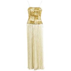 Retro Mary McFadden White & Metallic Gold Beaded & Crinkled Gown SZ 6
