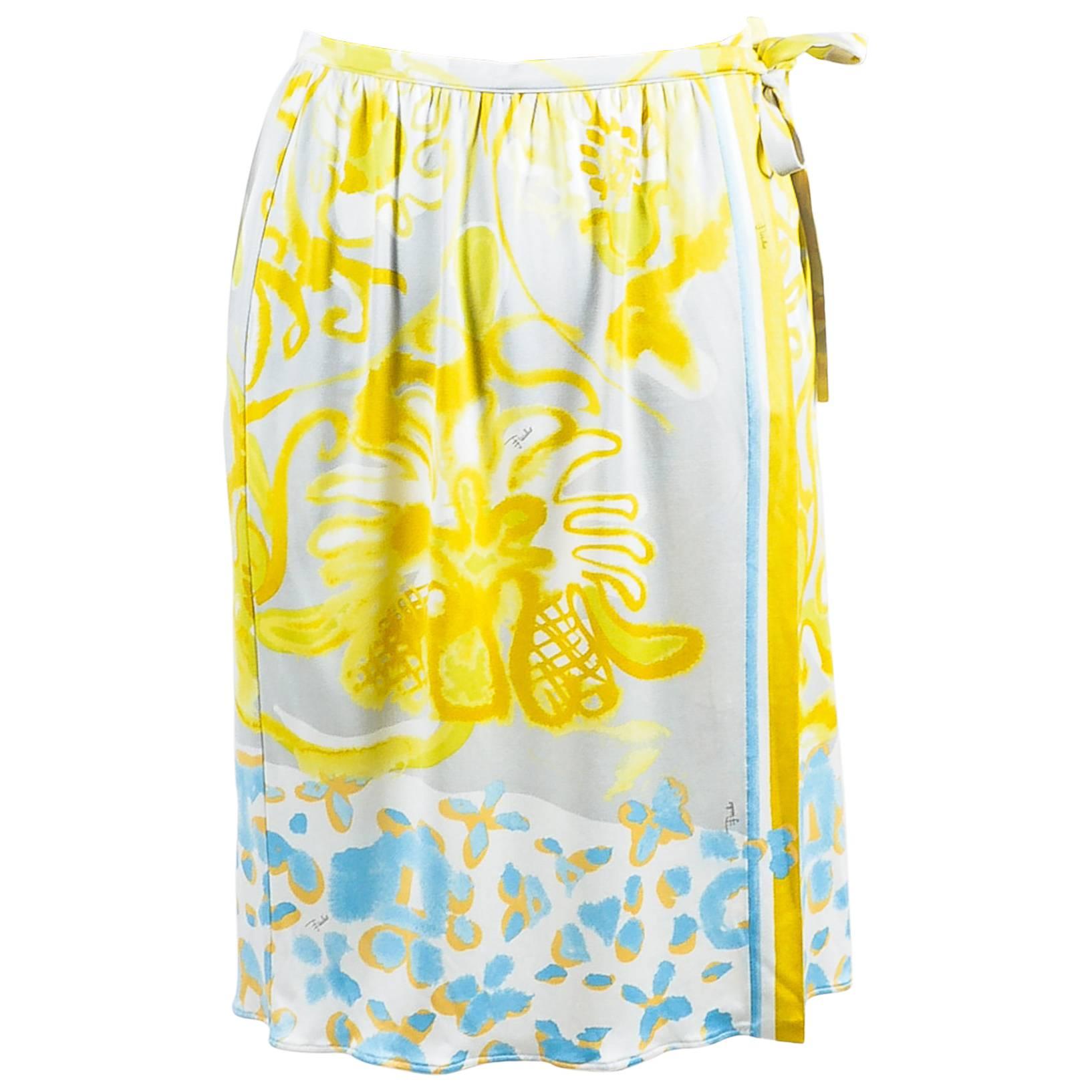 Emilio Pucci Yellow Blue Gray Silk Floral Watercolor Print Wrap Skirt SZ 4 For Sale