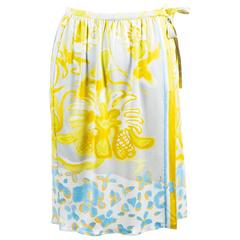 Emilio Pucci Yellow Blue Gray Silk Floral Watercolor Print Wrap Skirt SZ 4
