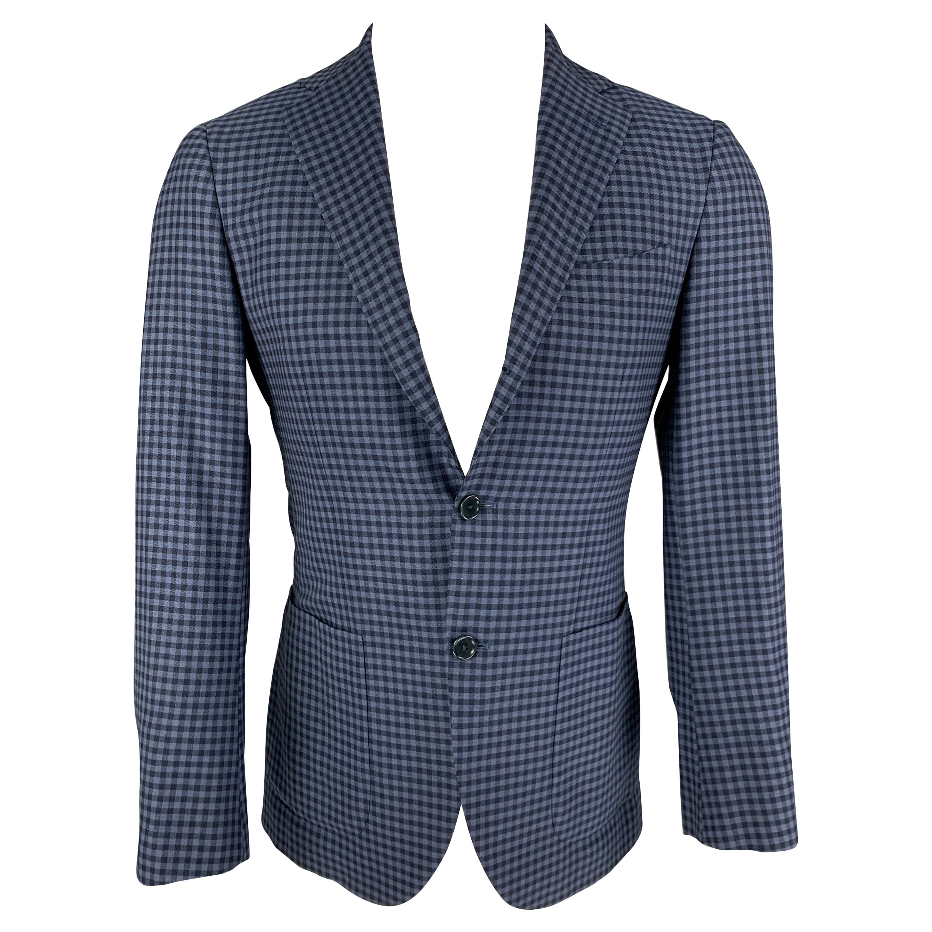 BEAMS Size 36 Navy Blue Checkered Wool Notch Lapel Sport Coat
