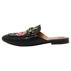 Gucci Black Leather Floral Embroidered Horsebit Princetown Flat Mules Size 37.5