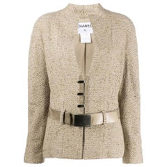 90s Chanel Vintage beige bouclè wool fitted jacket with logoed belt