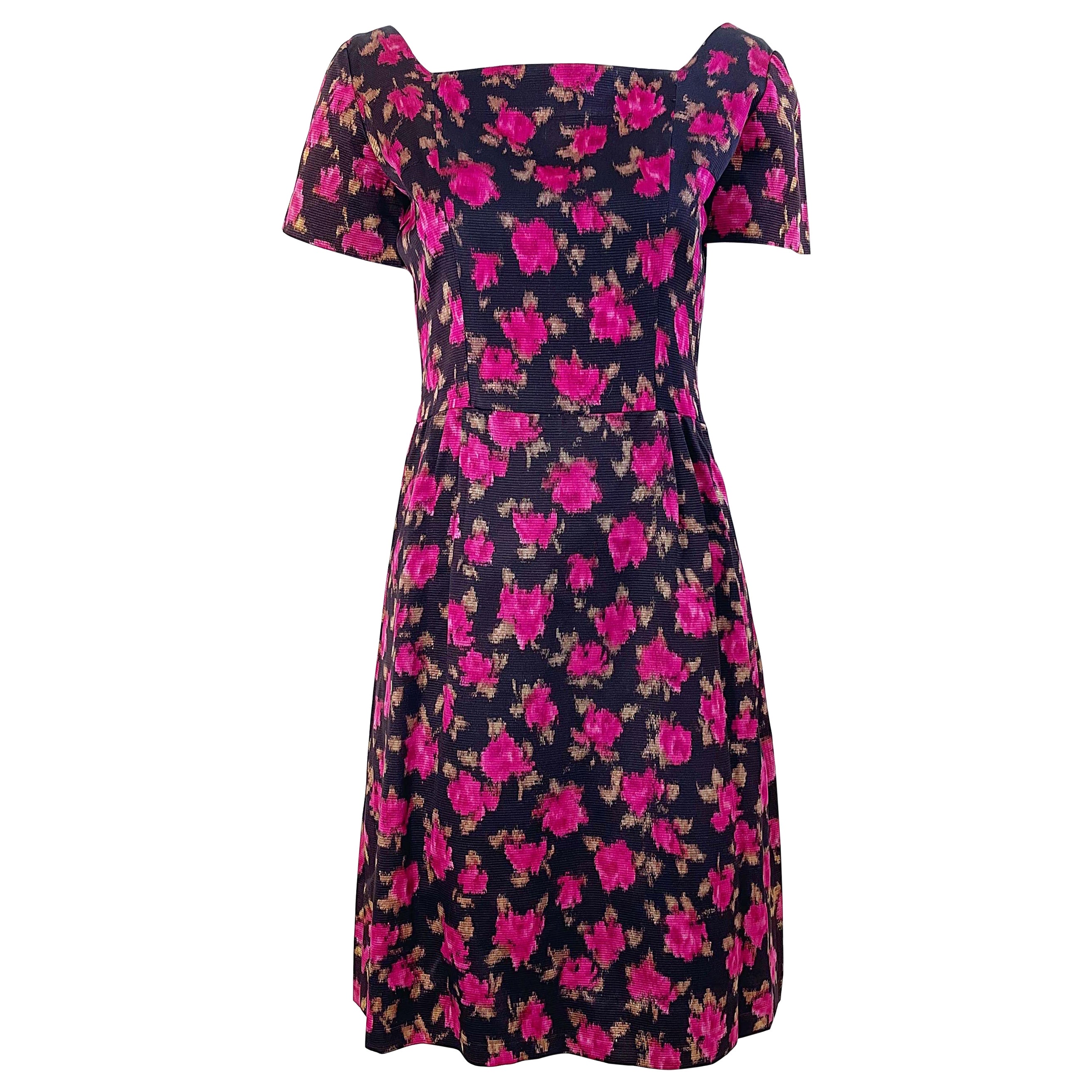 1960s Susan Small of London Black Pink Watercolor Rose Print 60s Silk Dress For Sale