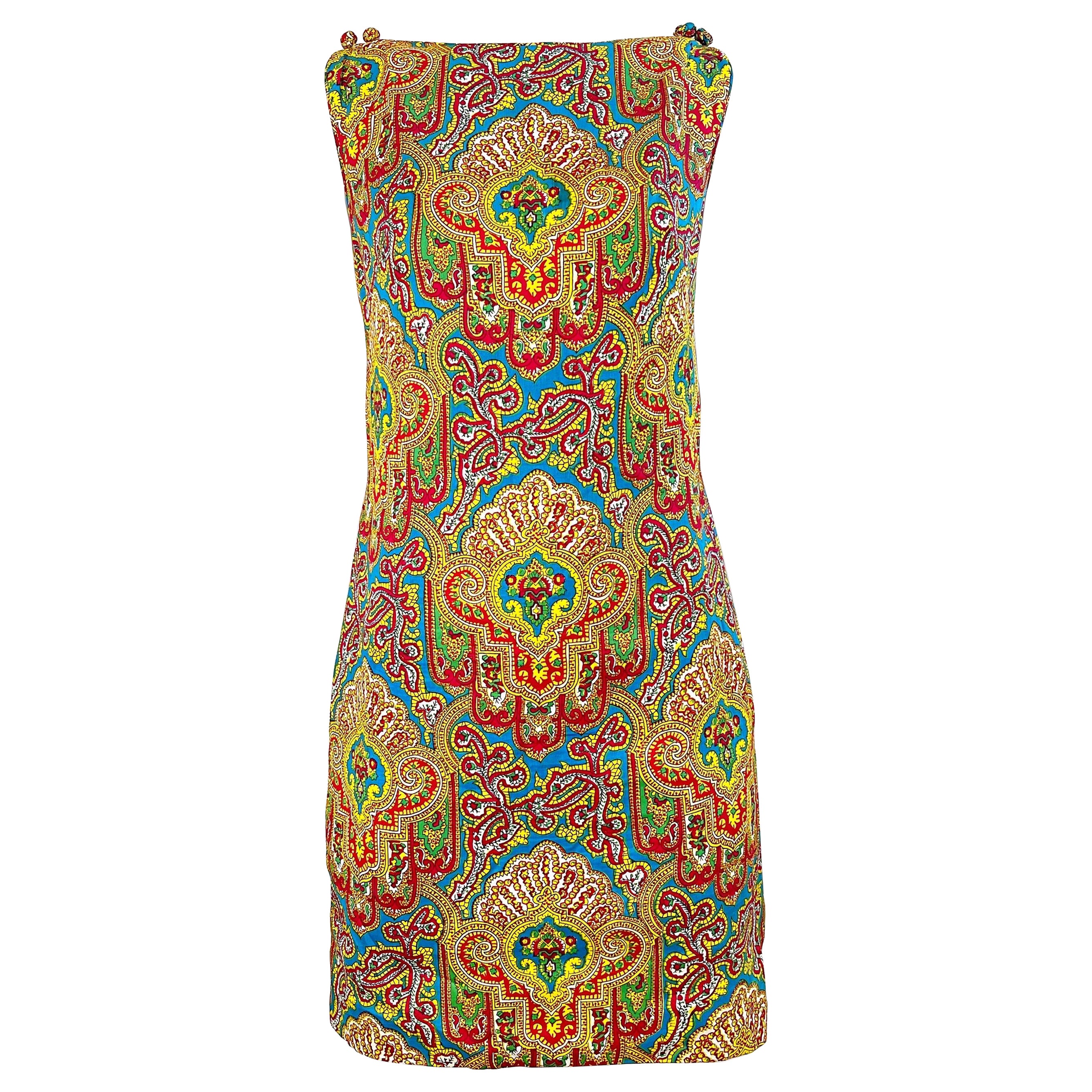 1960s Dynasty Paisley Bright Colorful Silk Vintage 60s Sleeveless Shift Dress For Sale