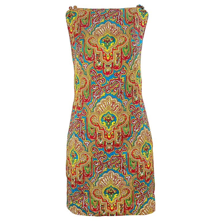 1960s Dynasty Paisley Bright Colorful Silk Vintage 60s Sleeveless Shift  Dress For Sale at 1stDibs