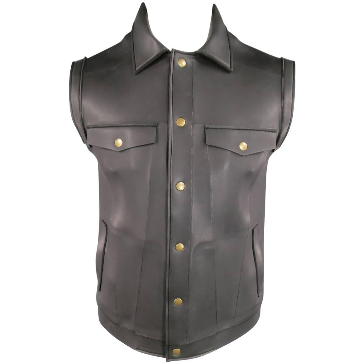 ROBERT GELLER Men's 42 Charcoal Neoprene Denim Trucker Cut Gold Snap Vest