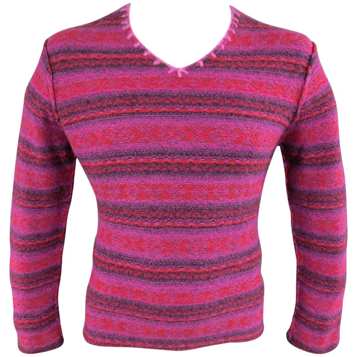 Comme des Garcons Pink and Red Fair Isle Wool V Neck Sweater, 1990s 