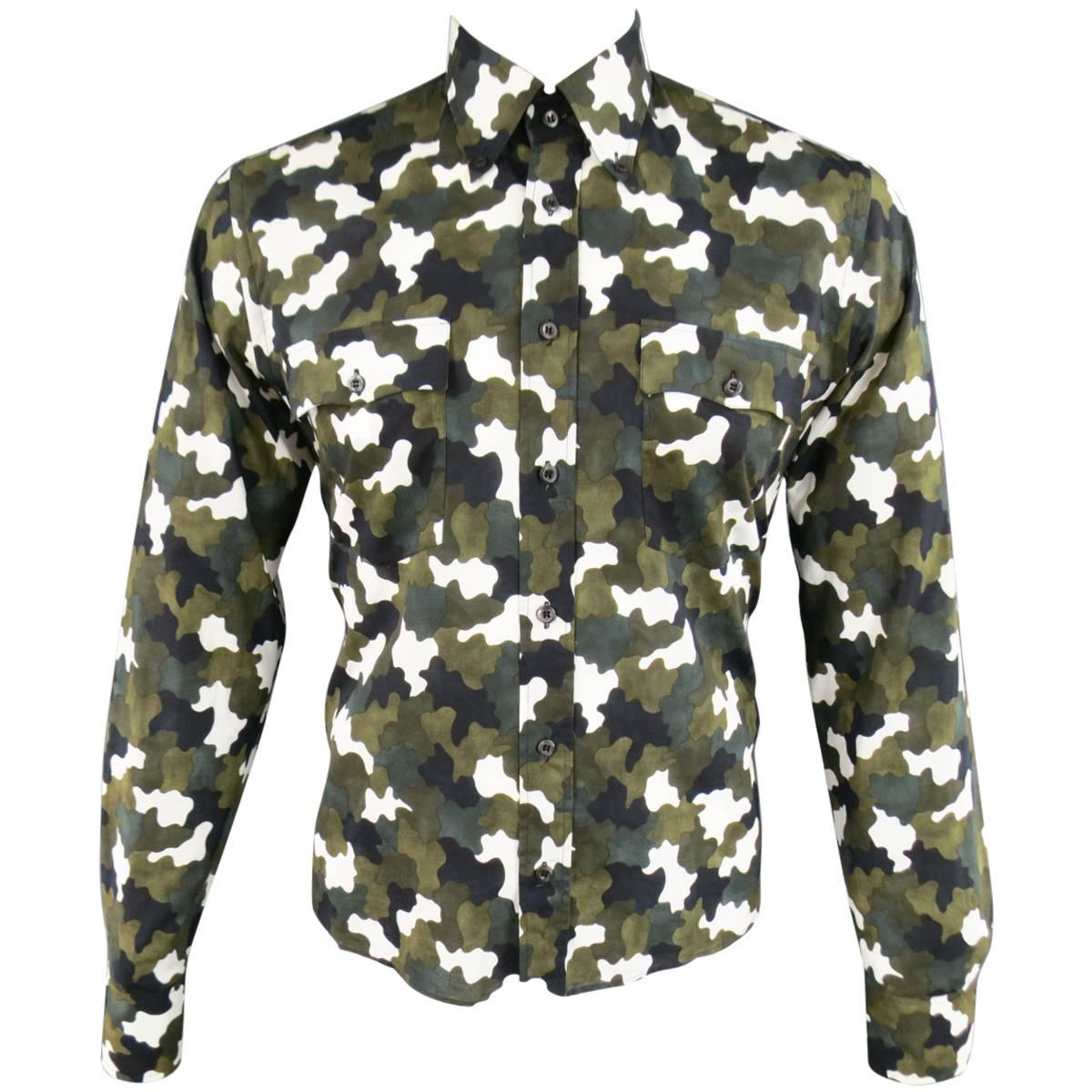 PRADA Men's Size L Olive Green Black & White Camouflage Long Sleeve Dress Shirt