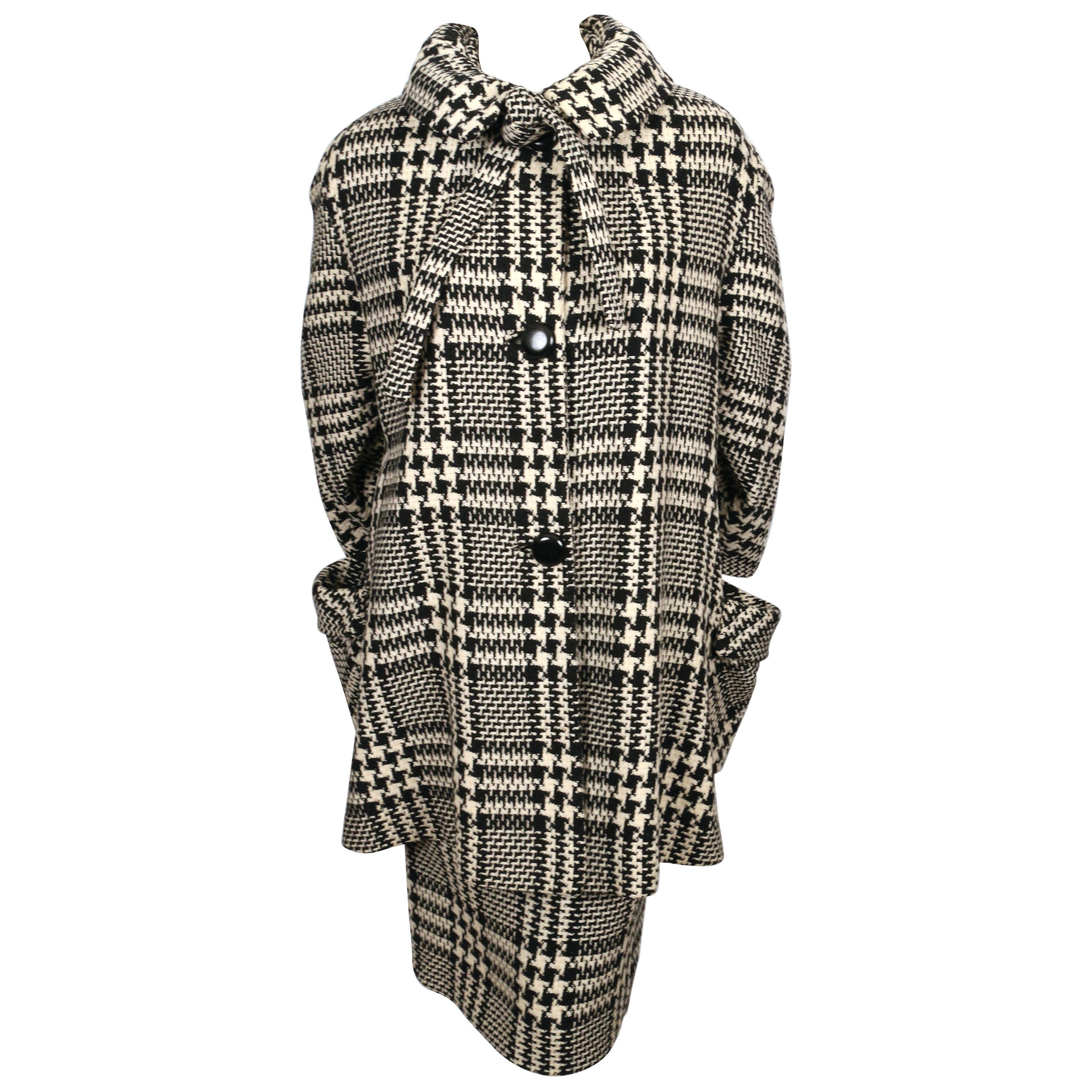 1960's JOSEPH MAGNIN wool houndstooth swing coat with neck tie & skirt