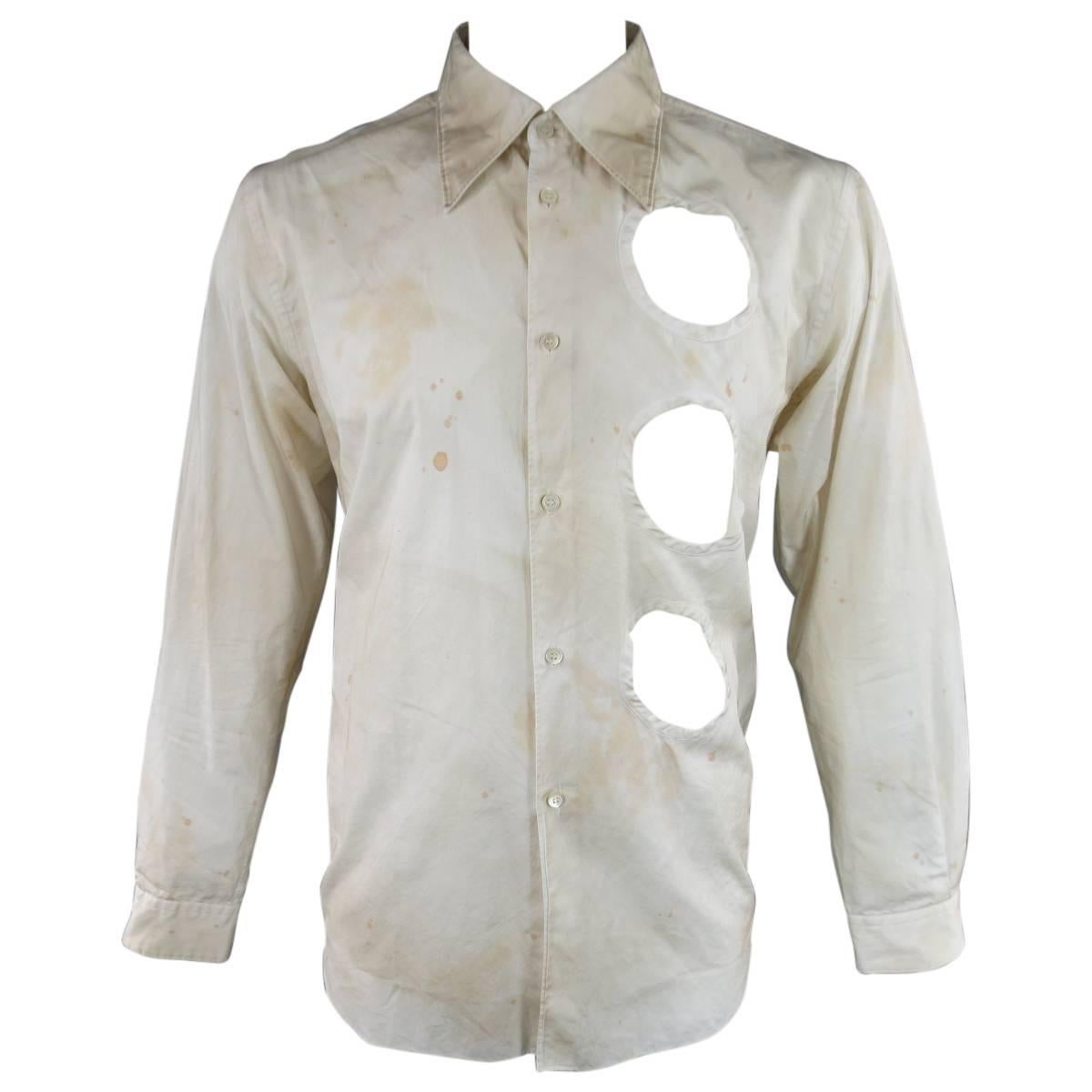 COMME des GARCONS Men's Size L Beige Dirty Wash Cotton Cutout Long Sleeve Shirt