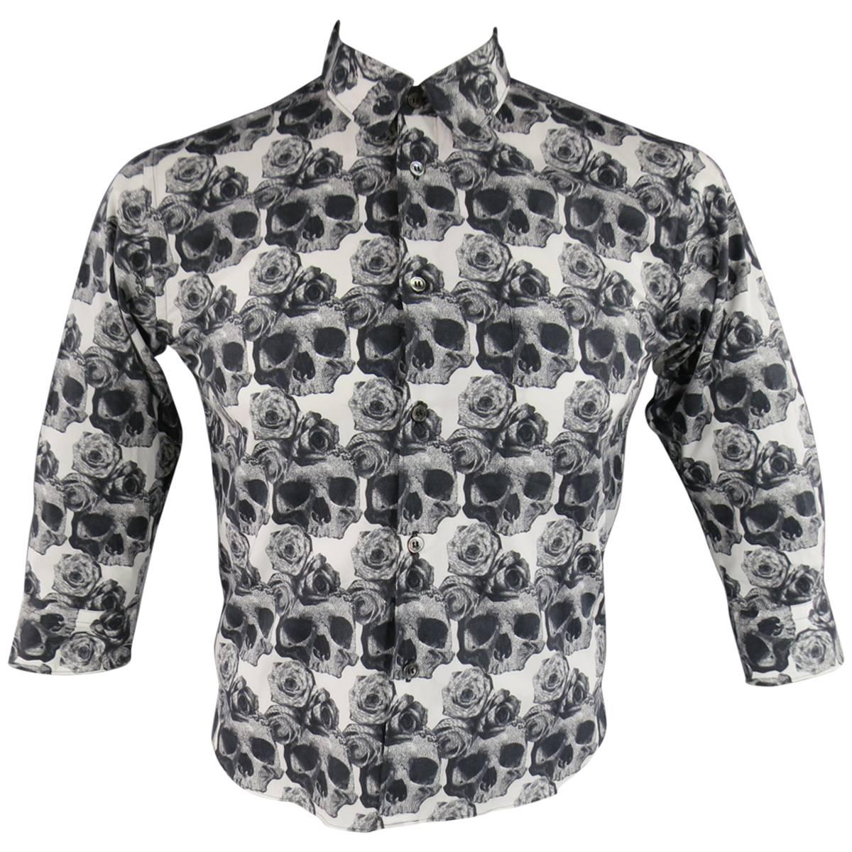 COMME des GARCONS Men's S Black & White Skull & Roses Cropped Sleeve Shirt