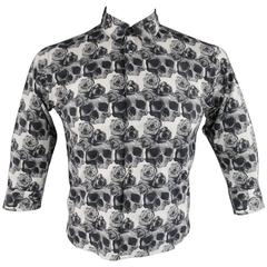 COMME des GARCONS Hommes S Noir & Crâne Blanc & Roses Chemise à manches courtes