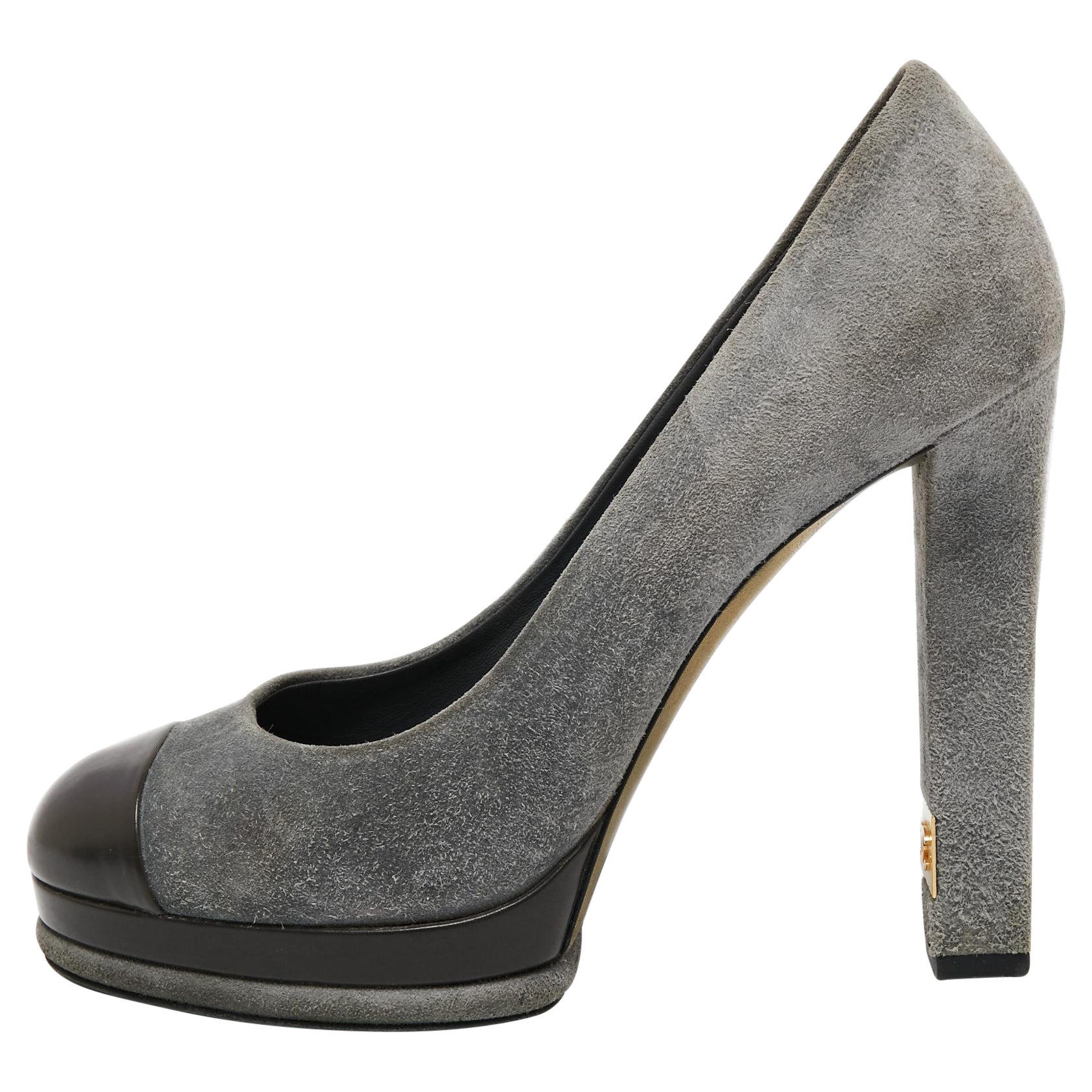 Chanel Grey/Dark Brown Suede and Leather Cap Toe Platform Pumps Size 41 For Sale