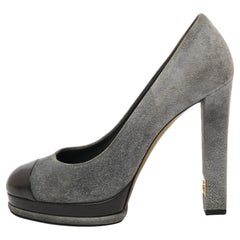 Chanel Grey/Dark Brown Suede and Leather Cap Toe Platform Pumps Size 41