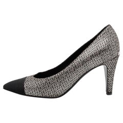 Chanel Metallic Silver/Black Suede And Fabric Pointed Cap Toe Pumps Size 38.5