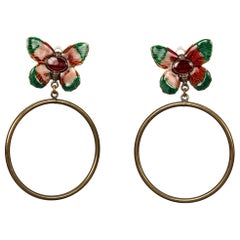 Vintage JEAN PAUL GAULTIER Enamel Butterfly Creole Dangling Earrings