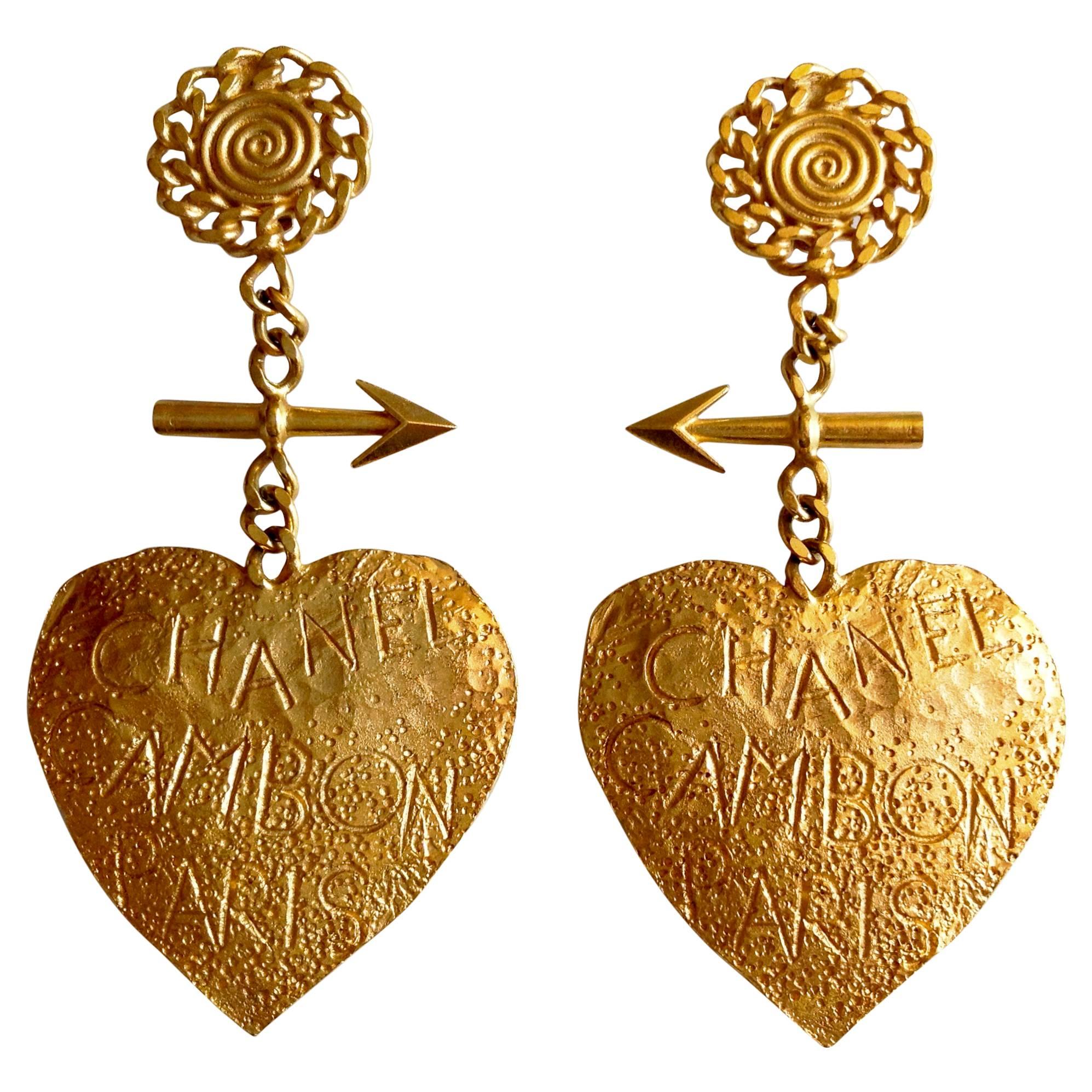 AS NEW Chanel ✿*ﾟVintage 12 CM Long OVERSIZED 93P Graffiti Heart Arrow  Earrings For Sale