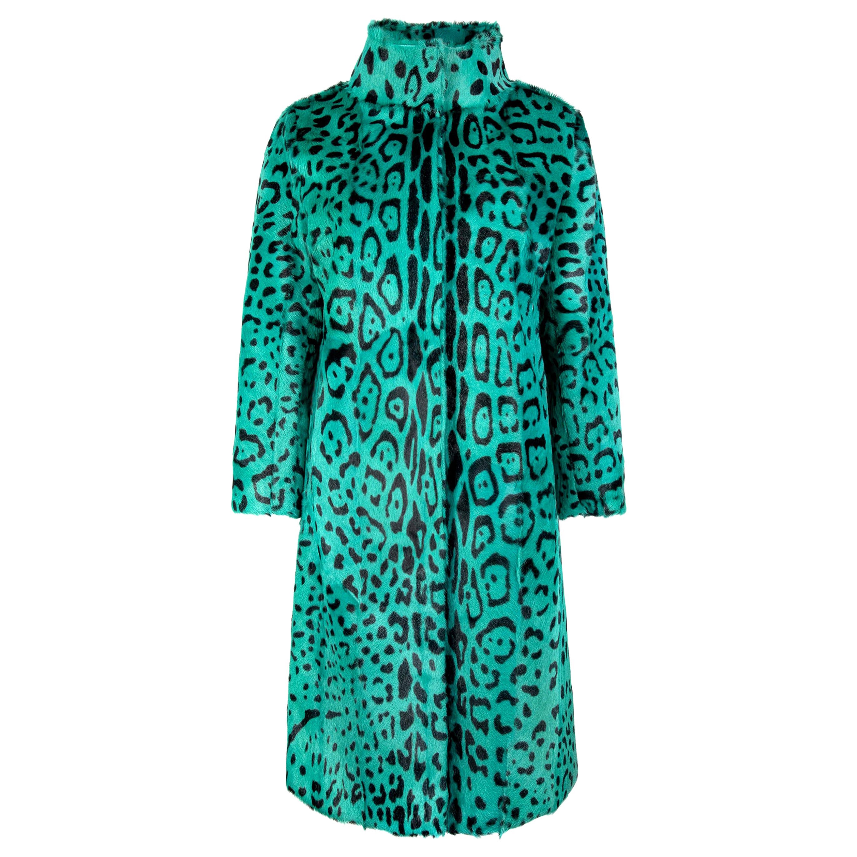 Verheyen London High Collar Green Leopard Print Coat Goat Hair Fur Size uk 12 For Sale