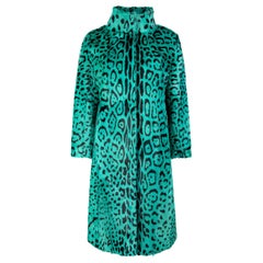 Used Verheyen London High Collar Green Leopard Print Coat Goat Hair Fur Size uk 12