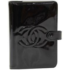 Vintage Chanel Black Patent Leather 6 Rings Large Agenda Cover