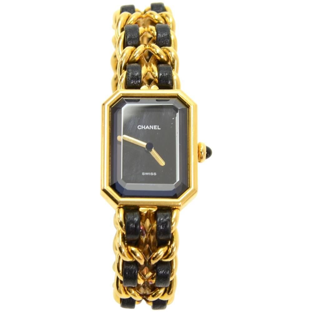 Chanel Premiere Ladies Gold Plated Quartz Black Leather Wrist Watch M Size