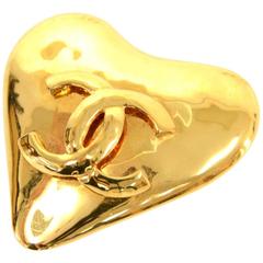 Vintage Chanel Gold Tone CC Logo Heart Shaped Large Pin Brooch