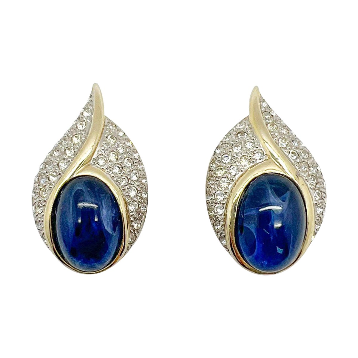 Vintage Sapphire Glass Cabochon Twist Earrings 1980s For Sale