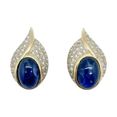 Vintage Sapphire Glass Cabochon Twist Earrings 1980s