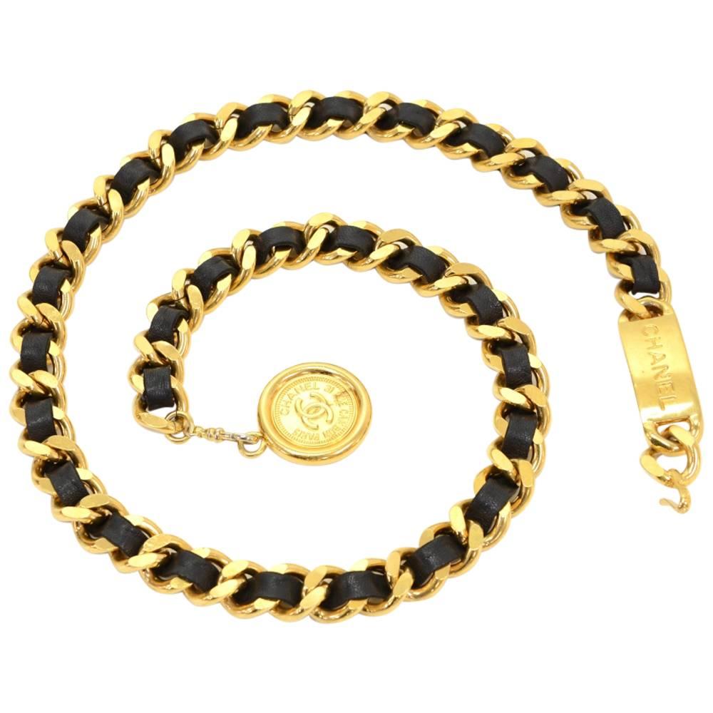 Vintage Chanel Black Leather x Gold Tone CC Medallion Chain Belt