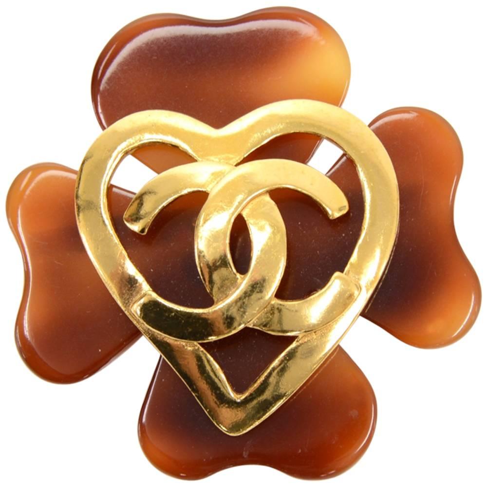 Vintage Chanel Brown Clover x Gold Heart Motif Large Pin Brooch