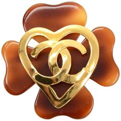 Retro Chanel Brown Clover x Gold Heart Motif Large Pin Brooch