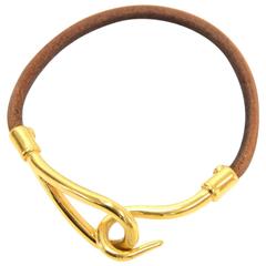 Hermes Brown Leather x Gold Tone Hook Jumbo Bracelet