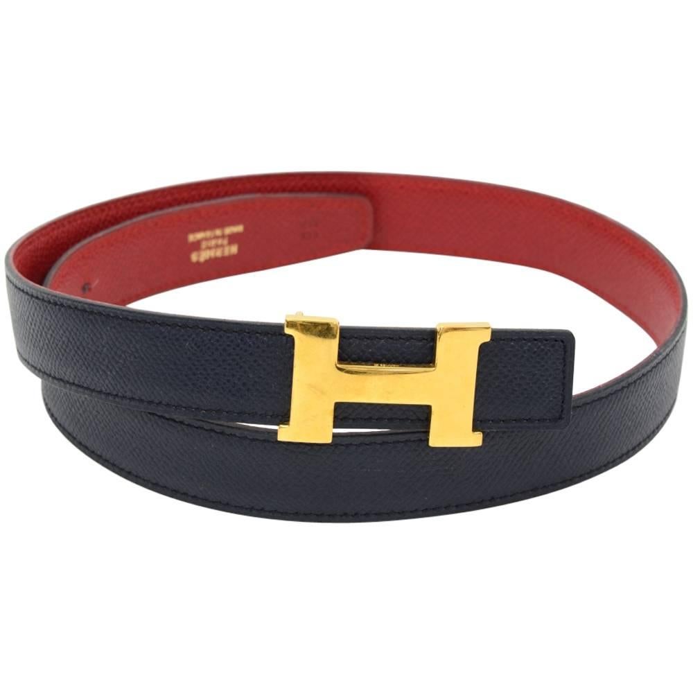 Hermes Navy  x Red Leather x Gold Tone H Buckle Thin Belt Size 65