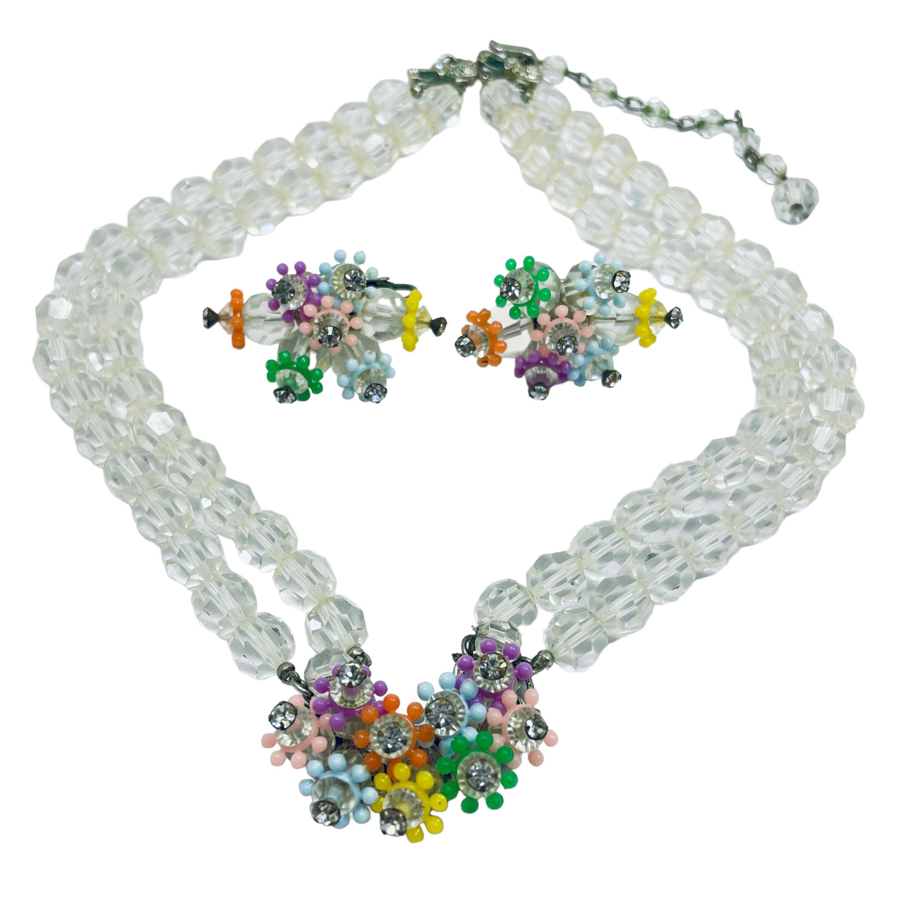 Vintage clear crystal colorful flowers beaded necklace earrings set For Sale