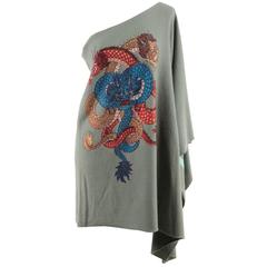 Used RAW 7 Green Cashmere KNITTED PONCHO Cape w/ DRAGONS Print