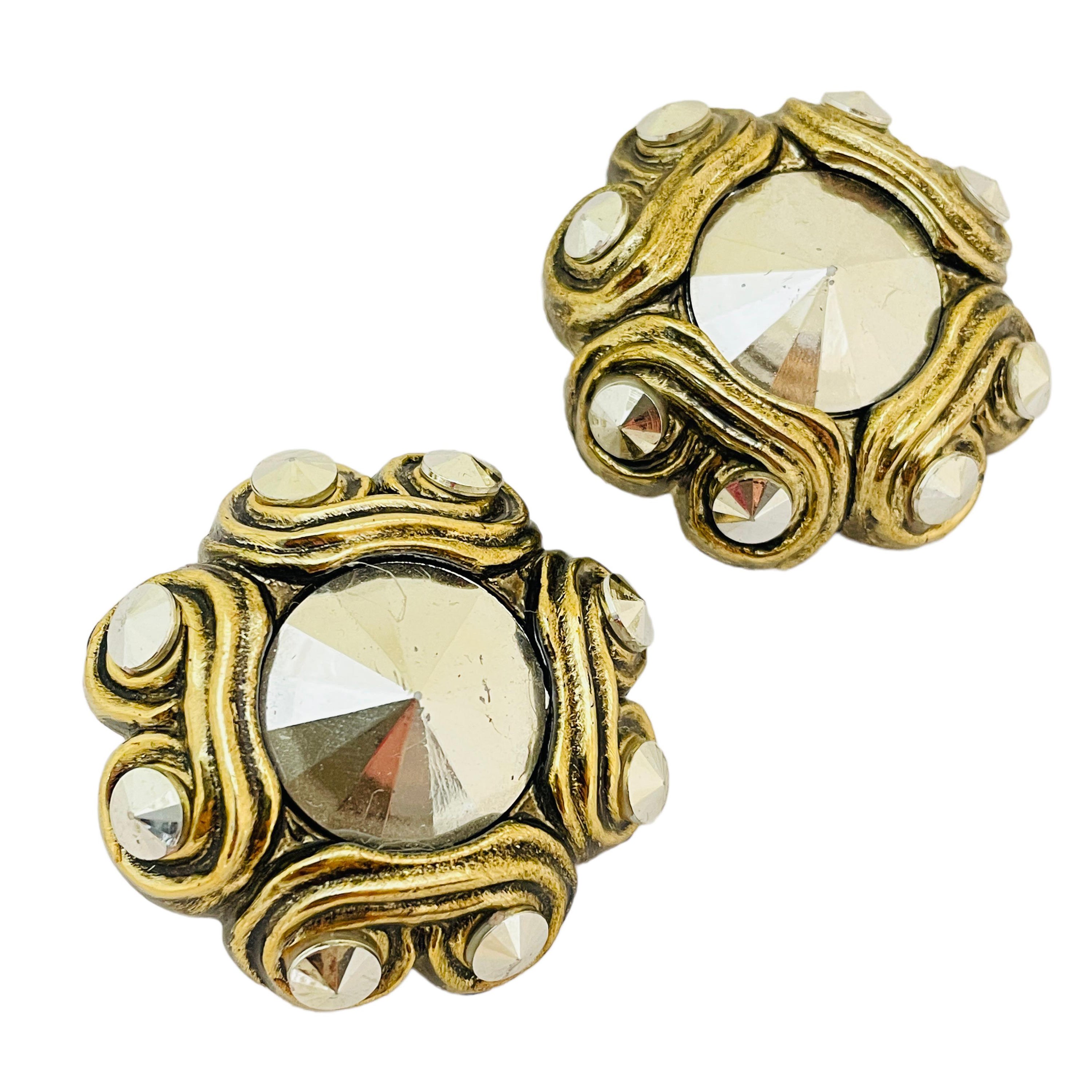 Vintage gold silver disco plastic designer runway clip on earrings For Sale
