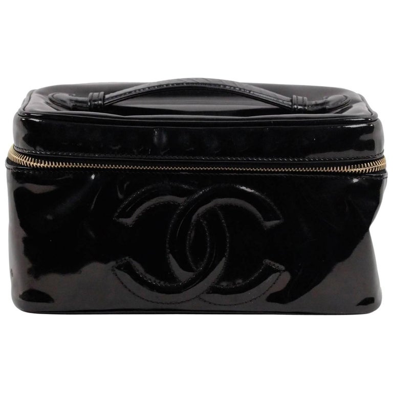 CHANEL Black Patent Leather COSMETIC BAG Vanity Case HANDBAG Purse at