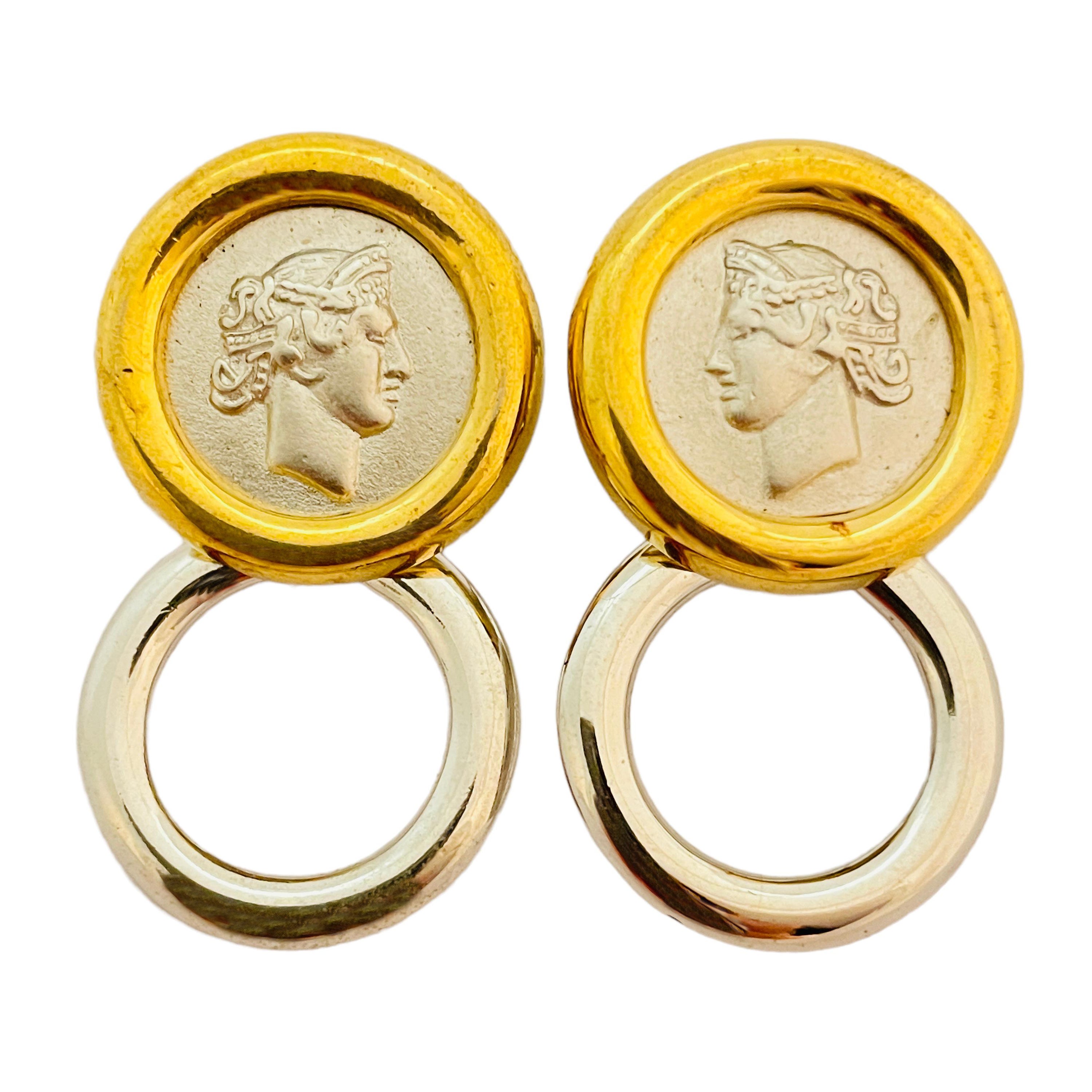 Vintage MONET gold silver coin door knocker designer runway earrings For Sale