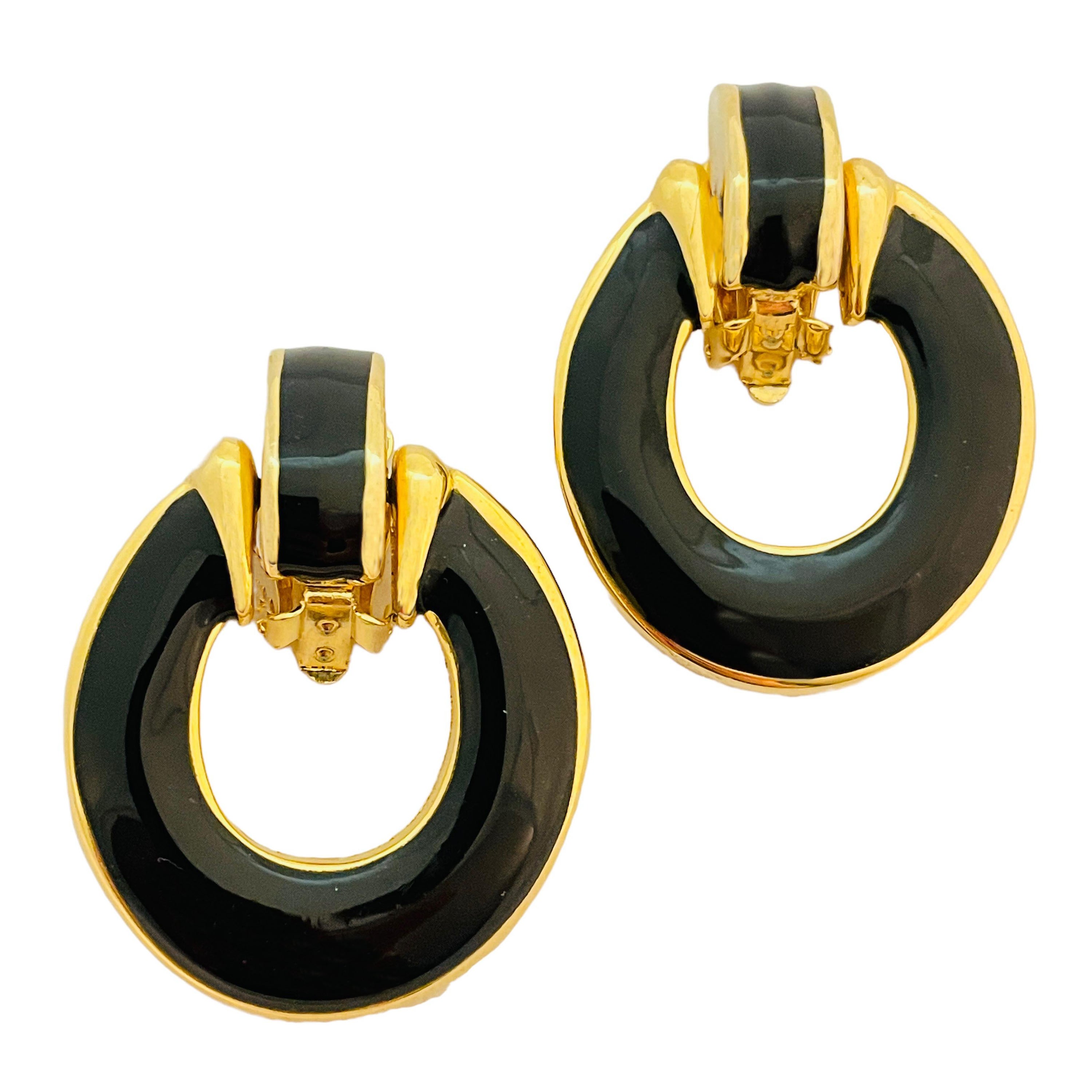 Vintage gold black enamel door knocker designer runway clip on earrings For Sale