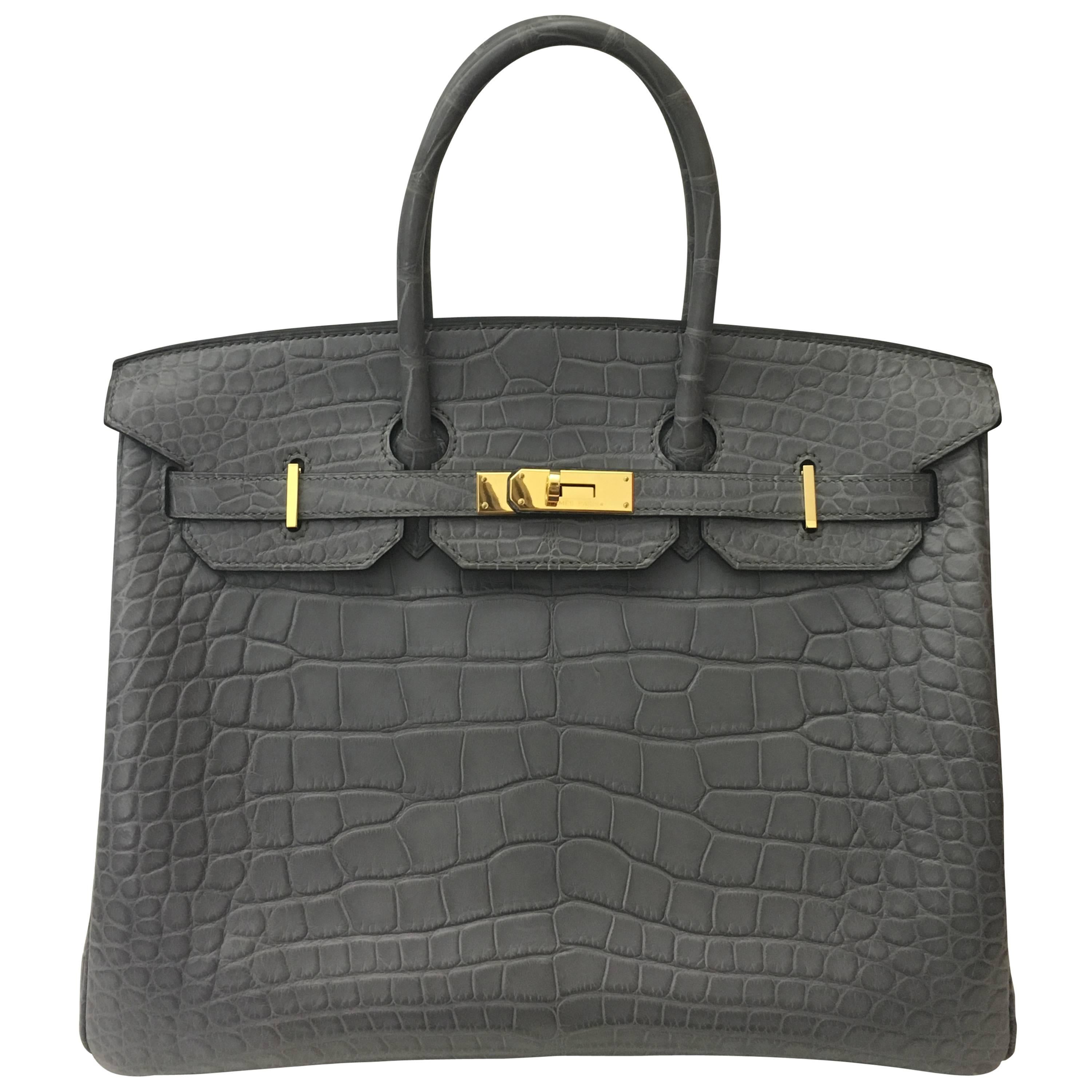 Brand New Hermes Birkin 35 Gris De Paris Matte Croc Gold Hardware