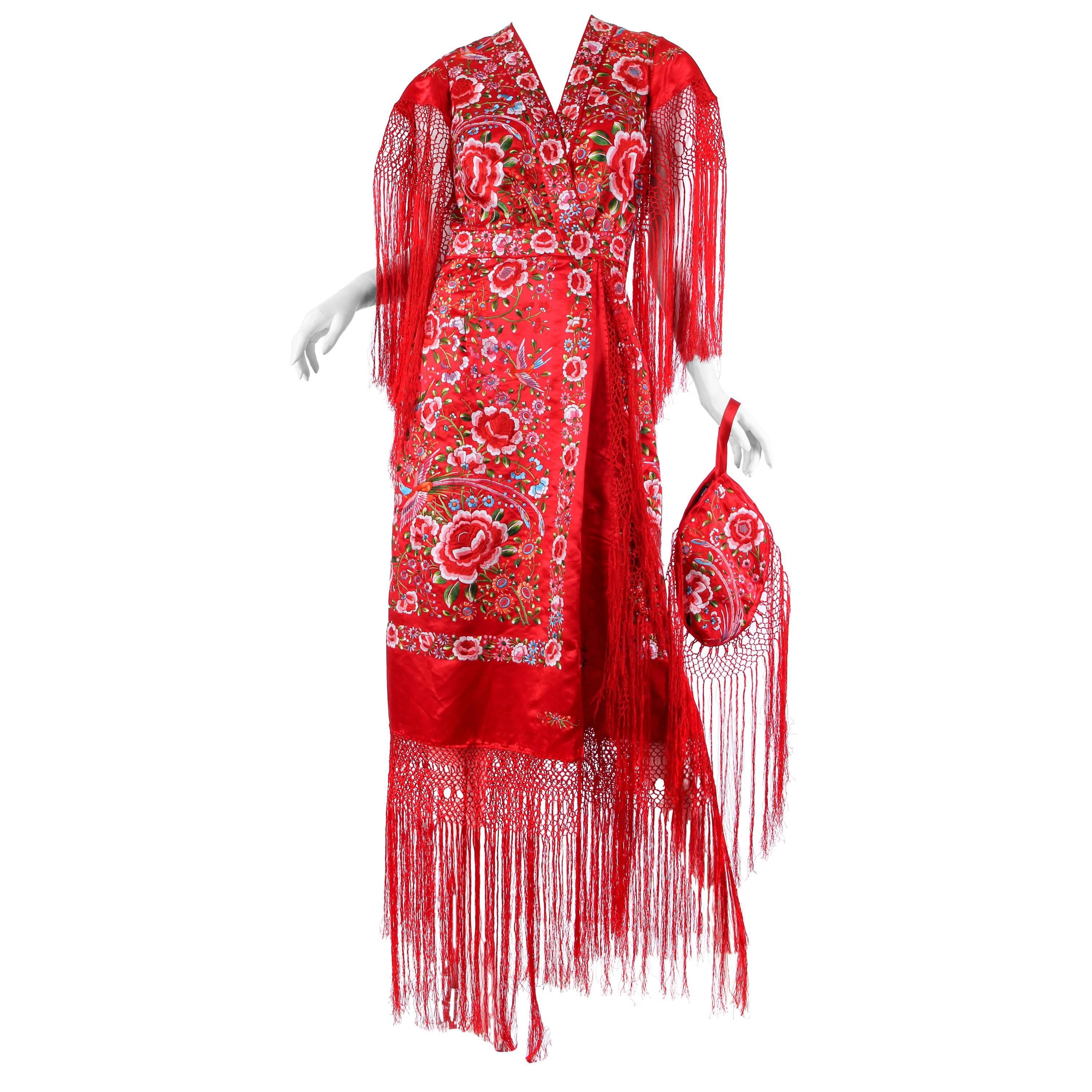 Phenomenal Hand-Embroidered Chinese Shawl Dress with Fringe