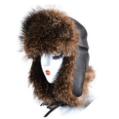Hermes Brown Leather Raccoon Fur Trapper Hat SZ 57