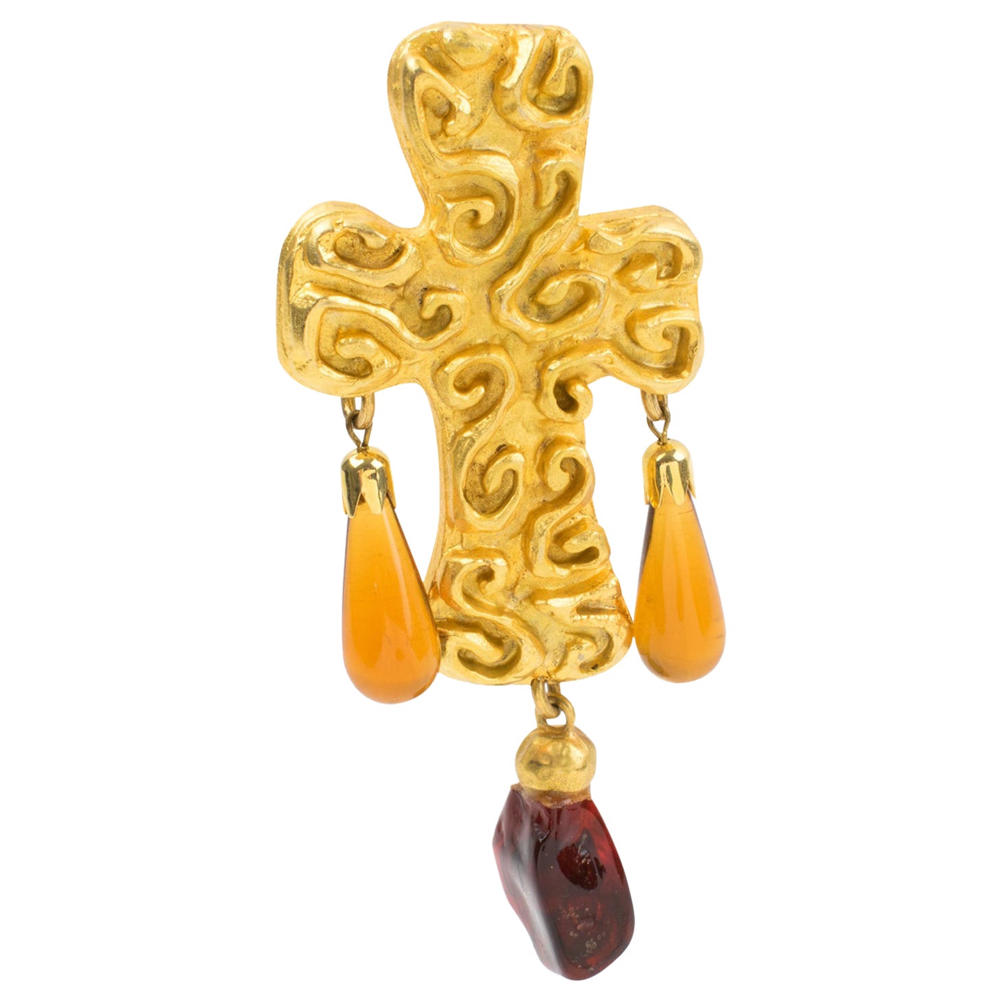 Edouard Rambaud Byzantine Dangle Cross Pin Brooch Amber Resin Drop For Sale