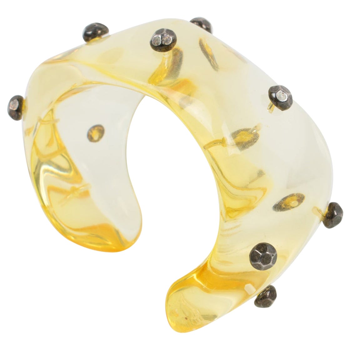 Oversized Yellow Champagne Lucite Cuff Bracelet with Gunmetal Studs For Sale