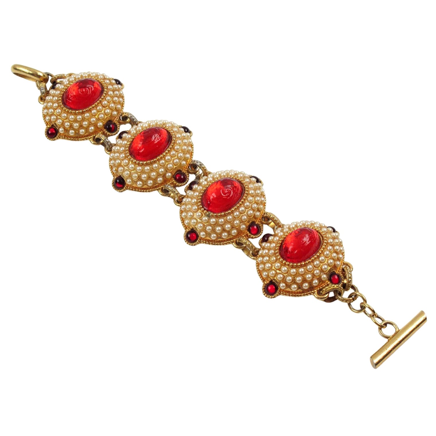 Chantal Thomass Paris Jeweled Link Bracelet Pearl and Red Cabochons For Sale