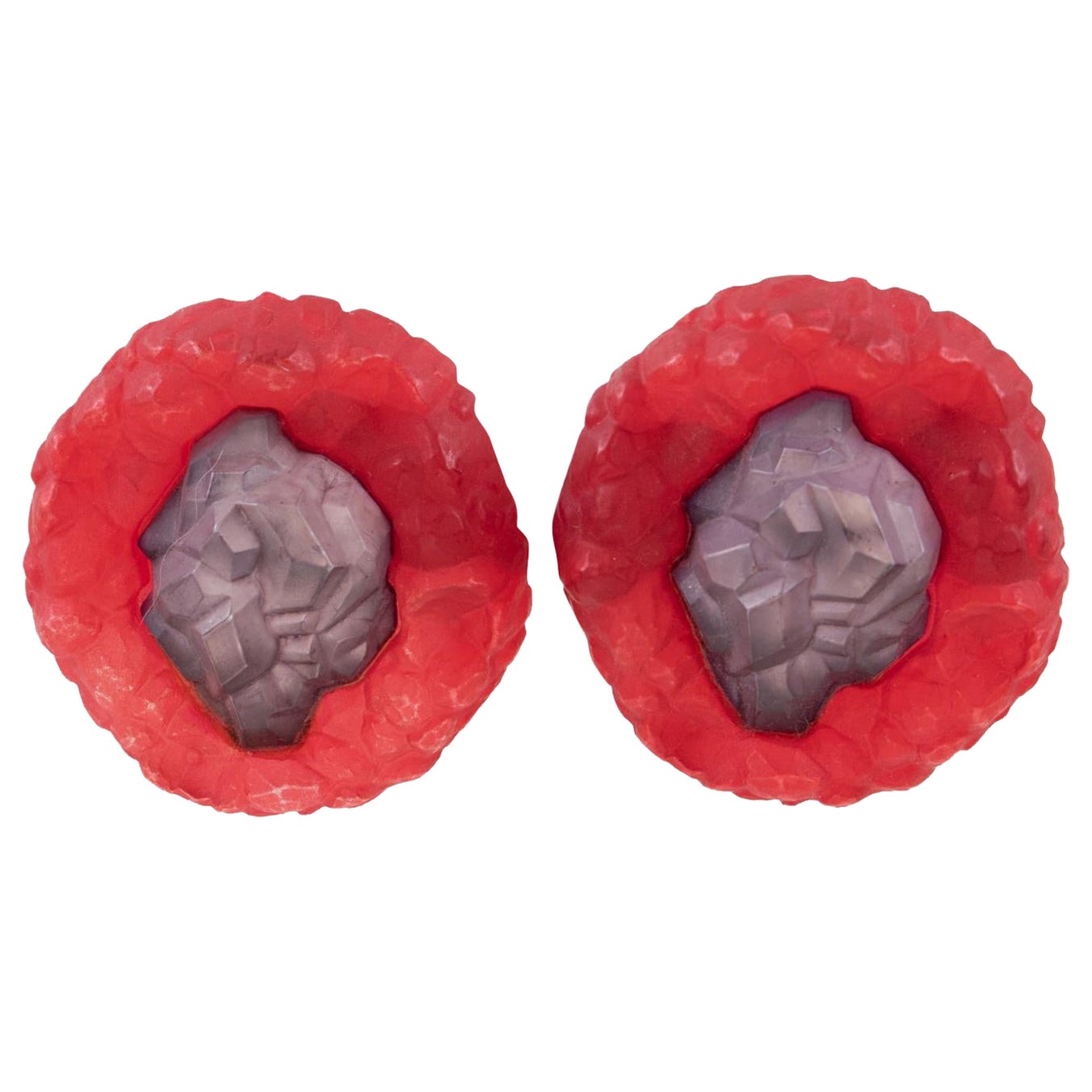 Oversized Frosted Purple and Red Rock Lucite Clip Earrings For Sale